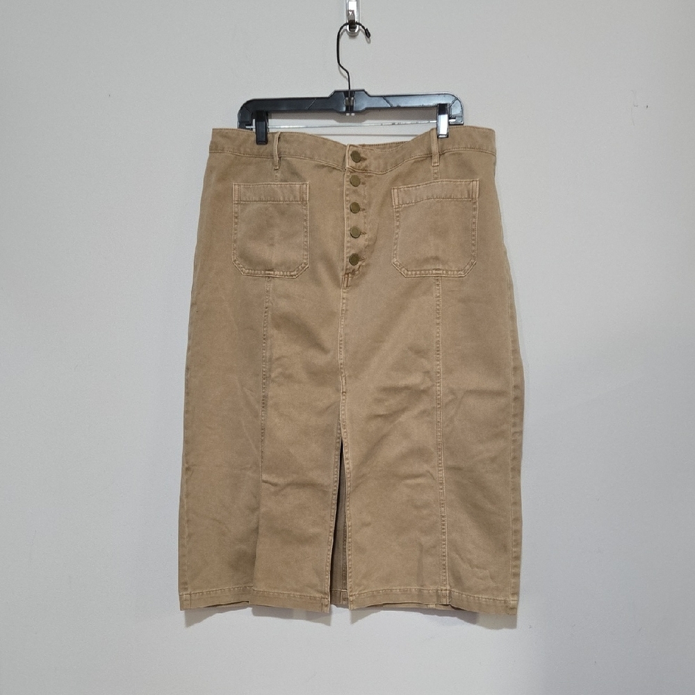 LOFT Tan Button-Front Midi Skirt